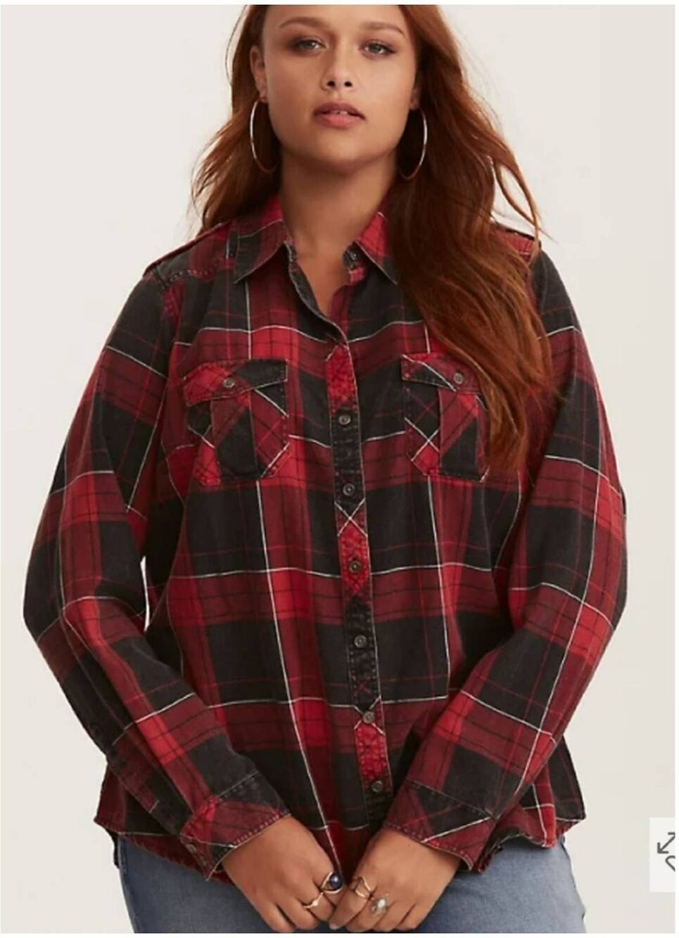 Torrid Taylor Red/Black Plaid Cotton Camp Long Sleeve Shirt Size 1/1x